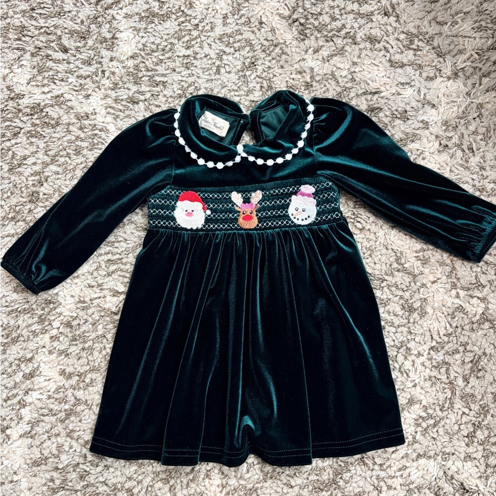 Marie Nicole Velvet Holiday Dress with Santa & Reindeer Smocking